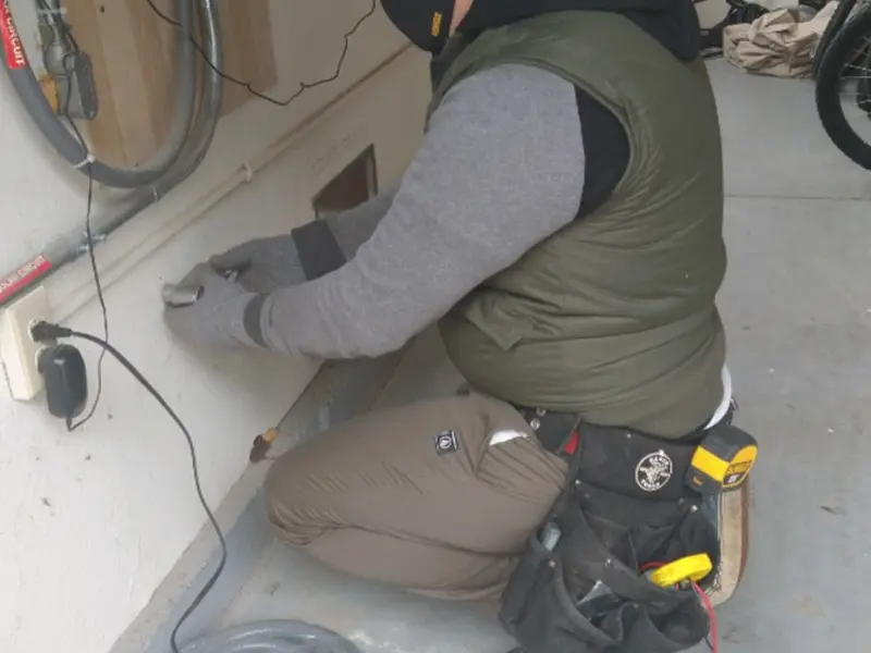 Electrician performing outlet wiring in a Goodview garage